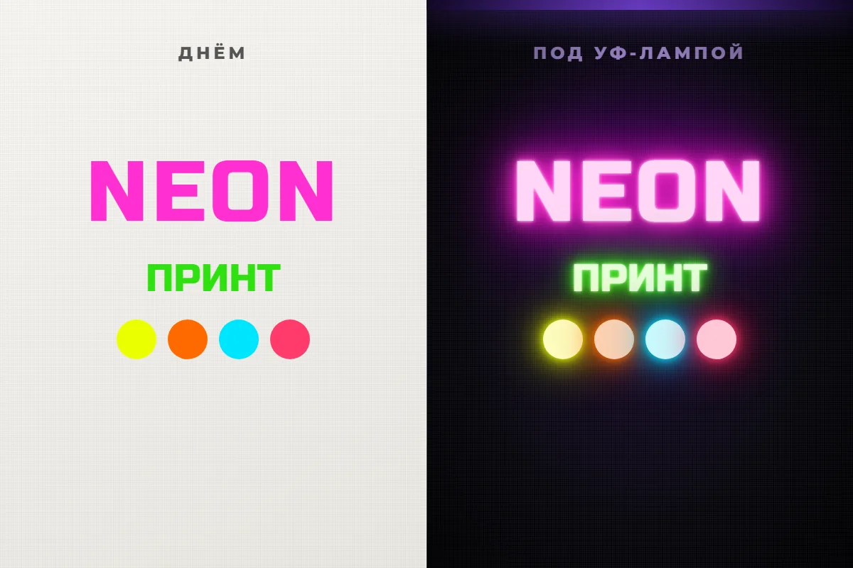 Флуоресцентный принт NEON на ткани: слева при дневном свете, справа светится под ультрафиолетовой лампой