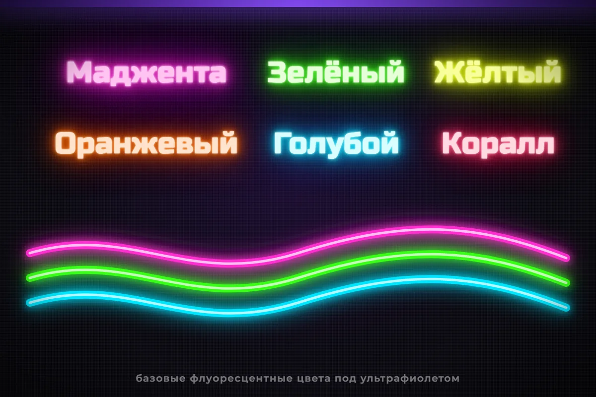 Базовые флуоресцентные цвета — маджента, зелёный, жёлтый, оранжевый, голубой, коралл — светятся под ультрафиолетом